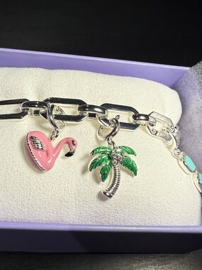 Silver Chain Charm Bracelet with Pink Flamingo & Green Palm